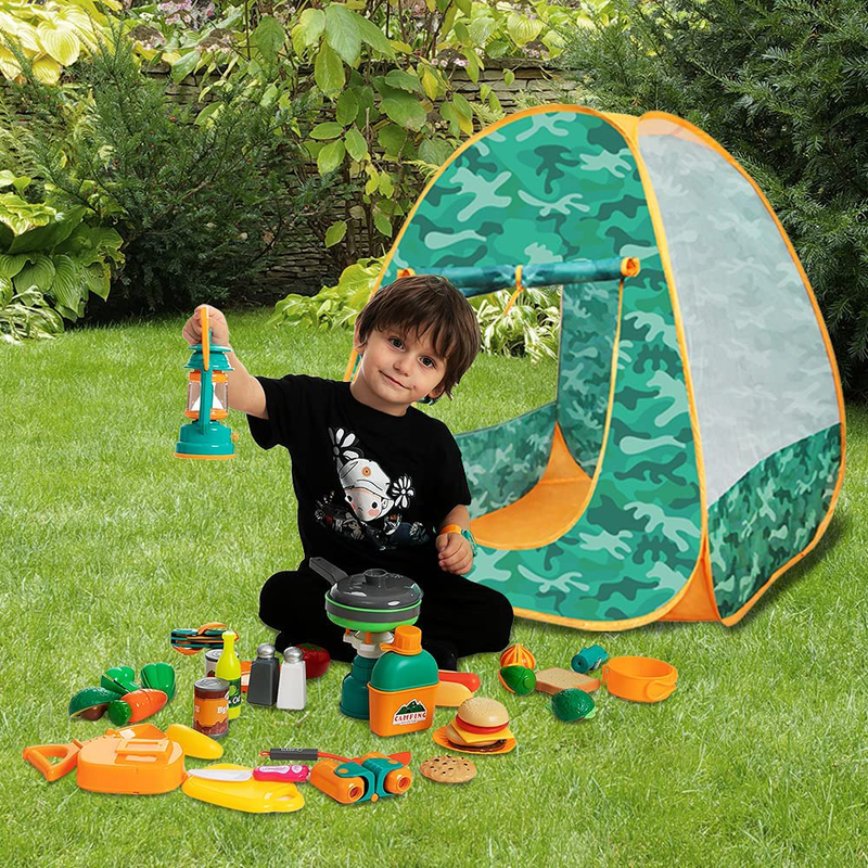 JOYIN 41Pcs Kids Camping Set, Kitchen Playset, Indoor Outdoor Toys, Includes Durable Pop up Tent, Fun Cutting Play Food and Cooking Set, Camping Gear Toys, Playhouse, Kids Birthday Christmas Fun Gifts