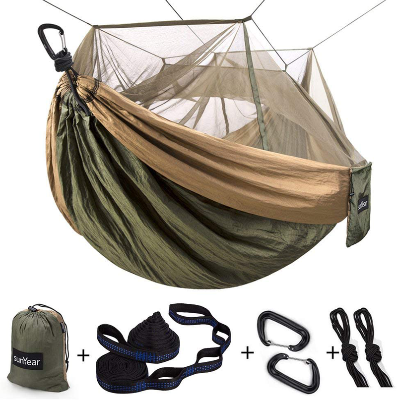 Sunyear Single & Double Camping Hammock with Net, Portable Outdoor Tree Hammock 2 Person Hammock for Camping Backpacking Survival Travel, 10ft Hammock Tree Straps and 2 Carabiners, Easy to Setup