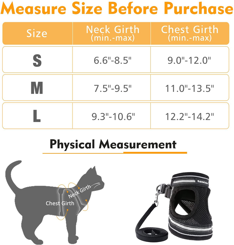 rabbitgoo Cat Harness and Leash Set for Walking Escape Proof, Adjustable Soft Kittens Vest with Reflective Strip for Cats, Comfortable Outdoor Vest, Black, S (Chest:9.0"-12.0") Animals & Pet Supplies > Pet Supplies > Cat Supplies > Cat Apparel rabbitgoo   