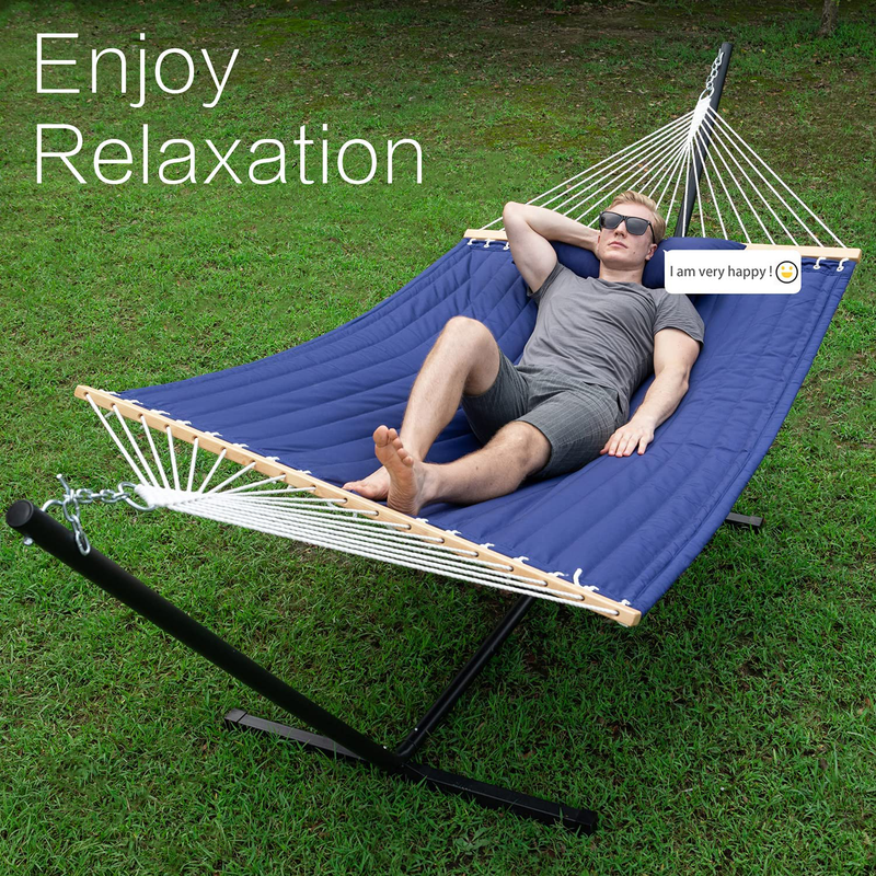 Gafete Large Thicker Hammock with Stand Included 2 Person Heavy Duty Outside Portable Cotton Double Hammocks with Hardwood Spreader Bar and Pillow for Outdoor, Max 475lbs Capacity ( Navy ) Home & Garden > Lawn & Garden > Outdoor Living > Hammocks gafete   