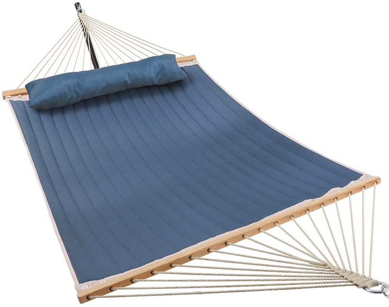 Patio Watcher 11 Feet Quilted Fabric Hammock with Pillow Double 2 Person Hammock with Bamboo Spreader Bars, Perfect for Outdoor Outside Patio Yard Beach, Dark Blue