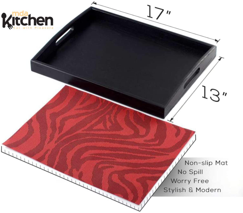 mdaKitchen Serving Tray with Handles and Non-Slip Mat, Wood Large Black Rustic Butler Rectangle Tray for Breakfast in Bed, Ottoman Food Coffee Tea Table Tray for Eating 17" x 13" x 2" (Red) Home & Garden > Decor > Decorative Trays mdaKitchen Eat with Pleasure   