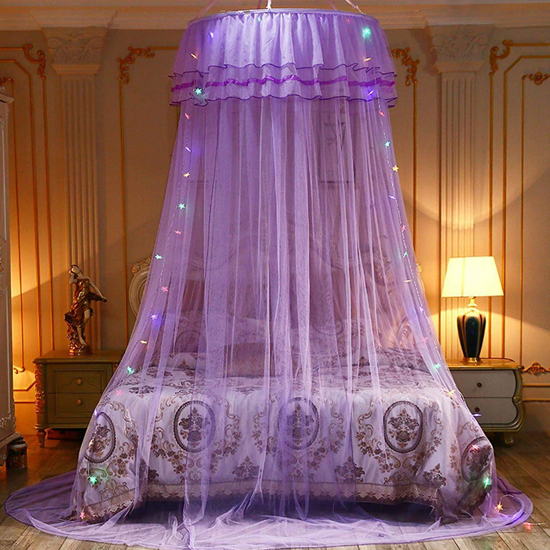 JETH Mosquito Net Bed Canopy, for Single to King Size, Finest Holes: Mesh, Curtain Netting, No Chemicals Added, Princess Bed Cover Curtain Bedding Dome Lace LED Light for Girls Boys Adults (Purple) Sporting Goods > Outdoor Recreation > Camping & Hiking > Mosquito Nets & Insect Screens JETH   
