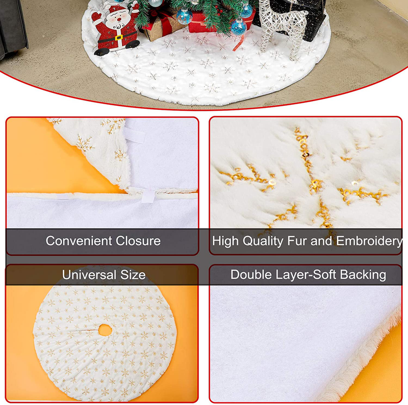 Plush Christmas Tree Skirt, 48 inch White Faux Fur with Sequin Embroidered Snowflakes, Luxury Super Soft Thick Xmas Tree Skirt, for Winter Holiday Home Decoration, Gold Home & Garden > Decor > Seasonal & Holiday Decorations& Garden > Decor > Seasonal & Holiday Decorations gonfaci   