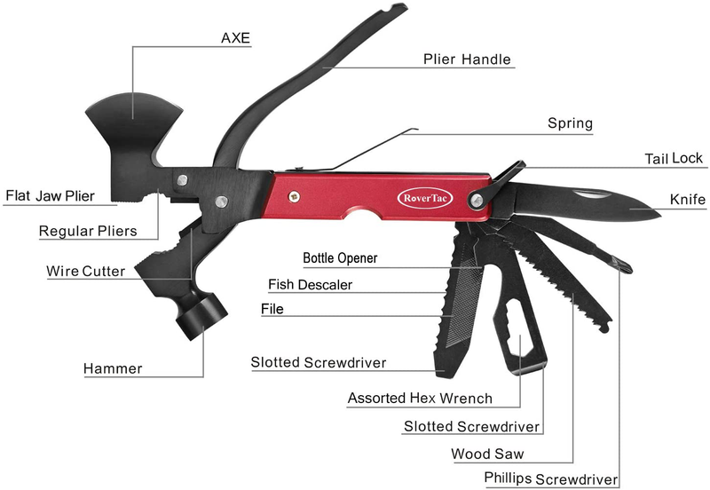 Rovertac Camping Accessories Multitool Hatchet Survival Gear Christmas Gifts for Men Dad Husband 14 in 1 Multi Tool Axe Hammer Knife Saw Screwdrivers Pliers Bottle Opener Durable Sheath Sporting Goods > Outdoor Recreation > Camping & Hiking > Camping Tools RoverTac   