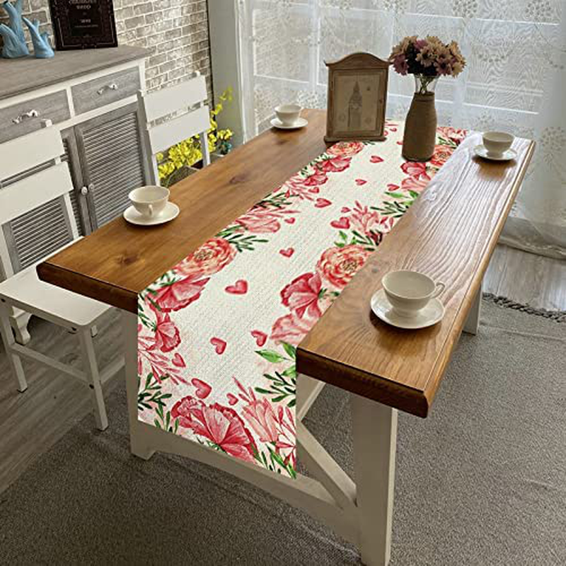 Jiudungs Linen Valentines Day Table Runner 72 Inches Long Valentine'S Day Flower Heart Table Decoration for Home Kitchen Dining Room Home & Garden > Decor > Seasonal & Holiday Decorations Jiudungs   