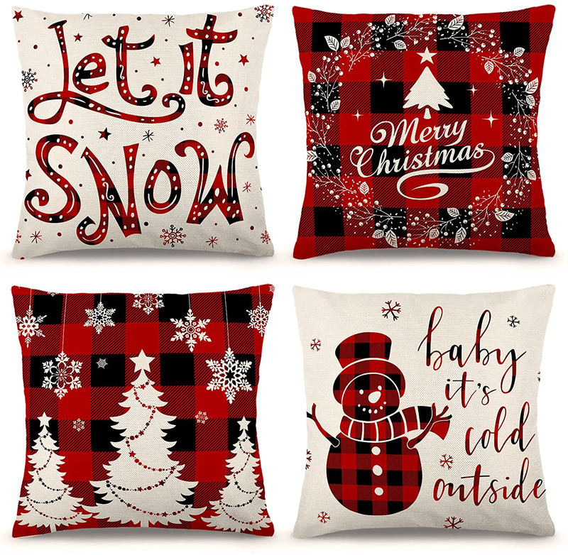 Christmas Decorations Pillow Covers 18x18 Inch Set of 4 for Home Decor Farmhouse Black and Red Buffalo Plaid Pillow Covers Holiday Rustic Linen Pillow Case Throw Pillow Covers for Sofa Couch ZJHAI Home & Garden > Decor > Seasonal & Holiday Decorations& Garden > Decor > Seasonal & Holiday Decorations ZJHAI 16x16 Inch  
