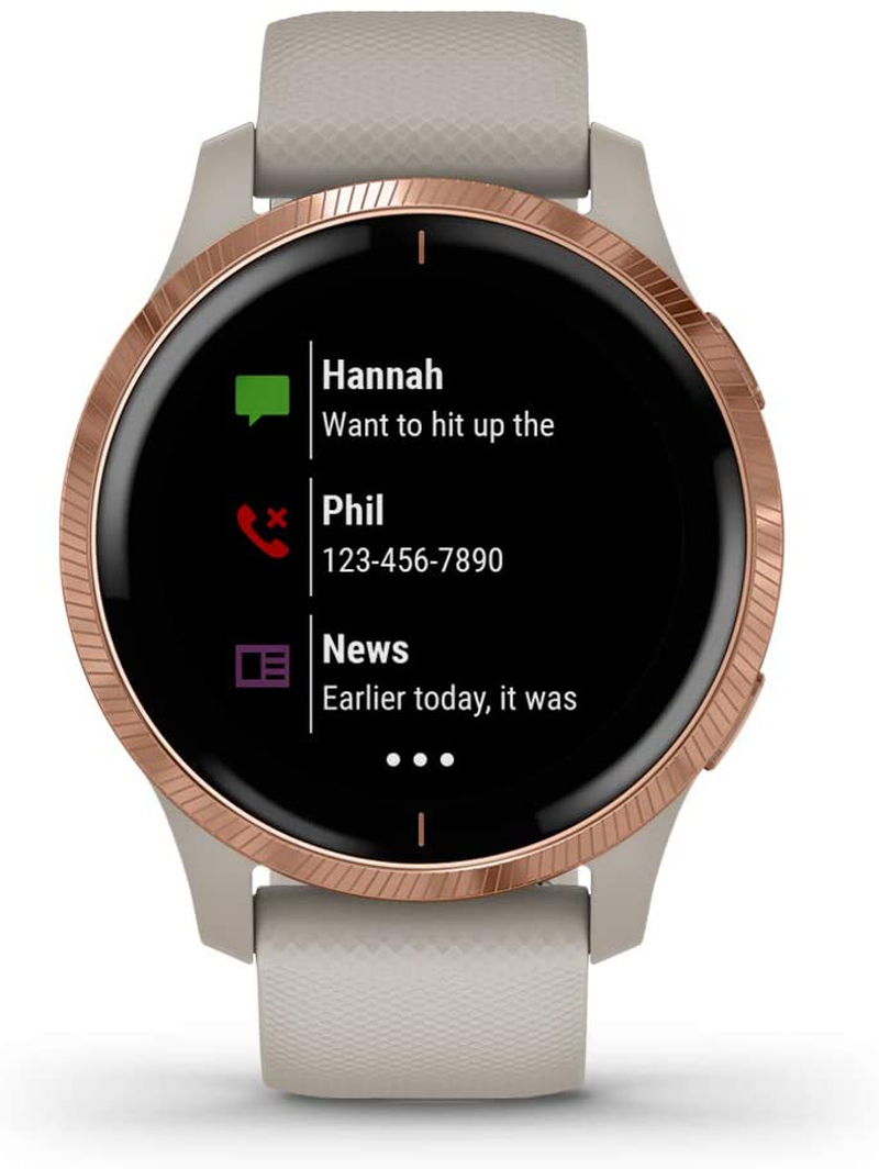 Garmin Venu, GPS Smartwatch with Bright Touchscreen Display, Features Music, Body Energy Monitoring, Animated Workouts, Pulse Ox Sensor and More, Rose Gold with Tan Band