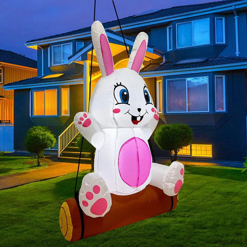 LAUJOY 4 FT Happy Easter Inflatable Decoration Swing Bunny, Lighted Inflatable with Build-In LED Blow up for Easter Day Party Indoor, Outdoor, Yard, Garden, Lawn Decor Home & Garden > Decor > Seasonal & Holiday Decorations LAUJOY   