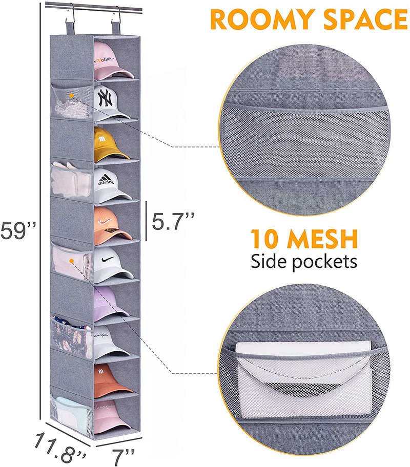 MISSLO 10-Shelf Hanging Shoe Organizer for Closet Organizers and Storage Shelves Hat Rack for Closet with 10 Side Mesh Pockets for Shoes, Caps, Scarves, Folded Clothes and Toys, Grey Furniture > Cabinets & Storage > Armoires & Wardrobes MISSLO   