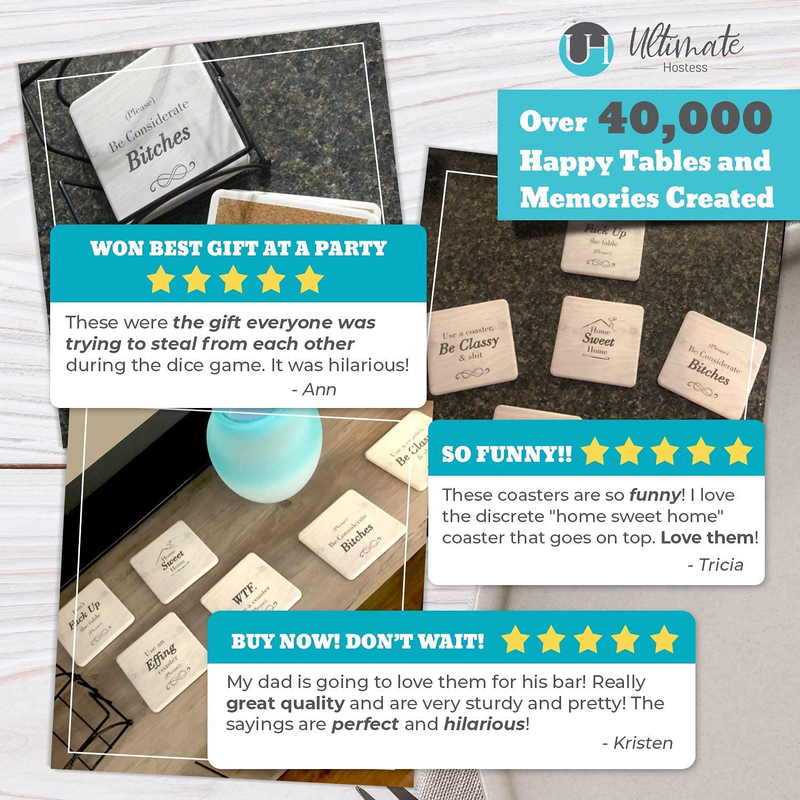 Funny Coasters for Drinks Absorbent with Holder - 6 Pcs Novelty Gift Set - 6 Sayings - Unique Present for Friends, Men, Women, Housewarming, Birthday, Living Room Decor, White Elephant, Holiday Party Home & Garden > Decor > Seasonal & Holiday Decorations Ultimate Hostess   
