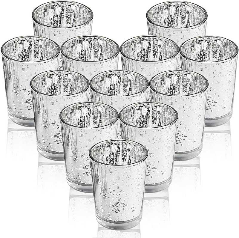 SHMILMH Silver Votive Candle Holders, Set of 12 Mercury Glass Tealight Candle Holders Bulk with Speckled for Wedding Centerpieces, Home Decor