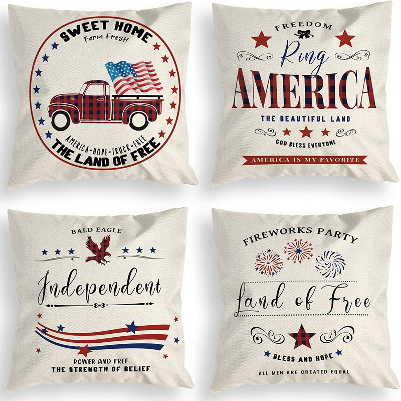 Patriotic Pillow Covers 4th of July Independence Day American Map Stars Blessed Red and Blue Buffalo Check Quote Rustic Bedroom Decor Cushion Covers Linen Decorative Square Set of 4 18x18 inch Home & Garden > Decor > Chair & Sofa Cushions Doublucky 4th of July 1  