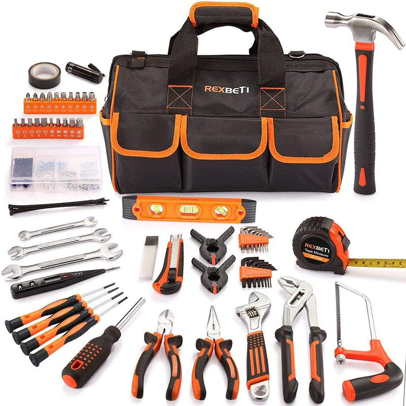 REXBETI 169-Piece Premium Tool Kit with 16 inch Tool Bag, Steel Home Repairing Tool Set, Large Mouth Opening Tool Bag with 19 Pockets