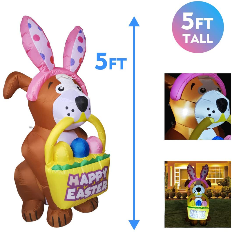 GOOSH 5 FT Height Easter Inflatables Outdoor Dog with a Bunny Headband, Blow up Yard Decoration Clearance with LED Lights Built-In for Holiday/Easter/Party/Yard/Garden