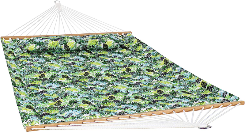 Sunnydaze 2-Person Quilted Printed Fabric Spreader Bar Hammock and Pillow - Large Modern Cloth Hammock with Metal S Hooks and Hanging Chains - Heavy Duty 450-Pound Weight Capacity - Green Palm Leaves Home & Garden > Lawn & Garden > Outdoor Living > Hammocks Sunnydaze Tropical Greenery  