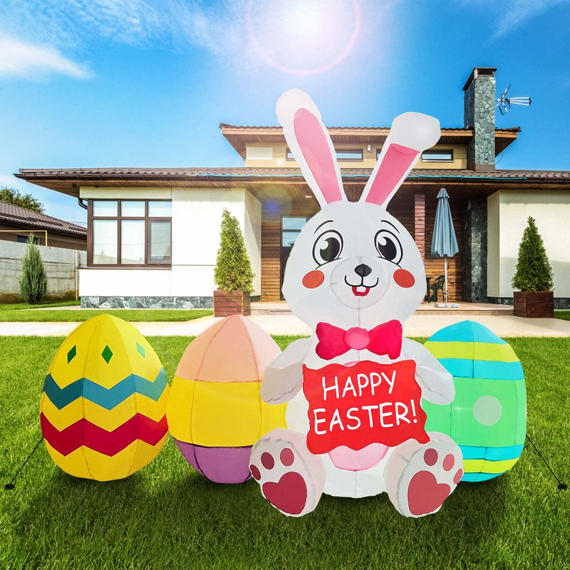 Easter Inflatable Outdoor Decorations, 6 FT Long Easter Bunny & Eggs with Leds, Blow up Easter Yard Decorations for Easter Holiday Party Indoor, Outdoor, Garden, Lawn