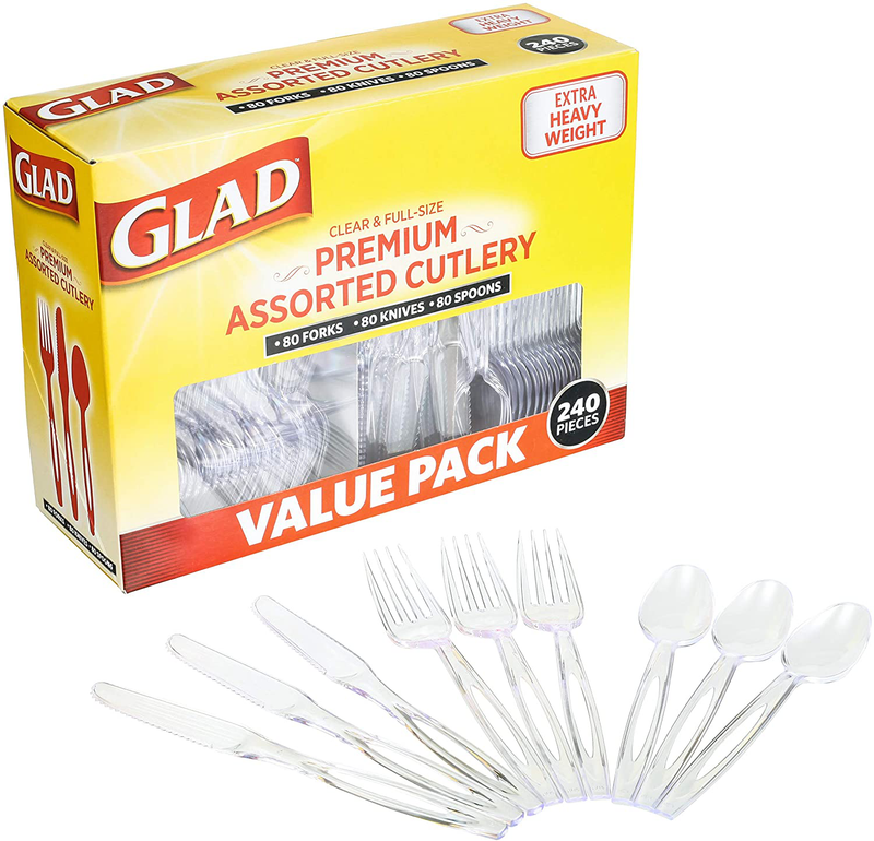 Glad Disposable Plastic Cutlery, Assorted Set | Clear Extra Heavy Duty forks, Knives, And Spoons | Disposable Party Utensils | 240 Piece Set of Durable and Sturdy Cutlery Home & Garden > Kitchen & Dining > Tableware > Flatware > Flatware Sets Glad 240 Pieces - Assorted  