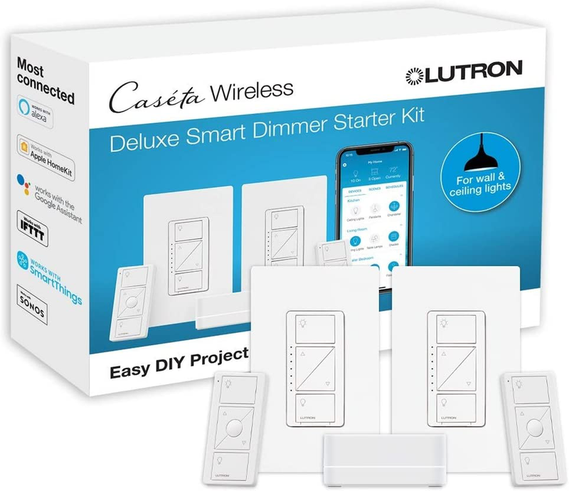 Lutron Caseta Deluxe Smart Dimmer Switch (2 Count) Kit | Works with Alexa, Apple HomeKit, and the Google Assistant | P-BDG-PKG2W-A | White Home & Garden > Lighting Accessories > Lighting Timers Lutron Dimmer Deluxe Kit  