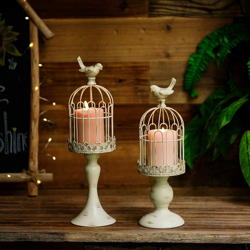 Sziqiqi Vintage Bird Cage Decorative Candle Lantern Set of 2 Decorative Pedestal Candle Holders for Pillar Candle for Tabletop Wedding Centerpiece Fireplace Mantel Decor Distressed Ivory Home & Garden > Decor > Home Fragrance Accessories > Candle Holders Sziqiqi   