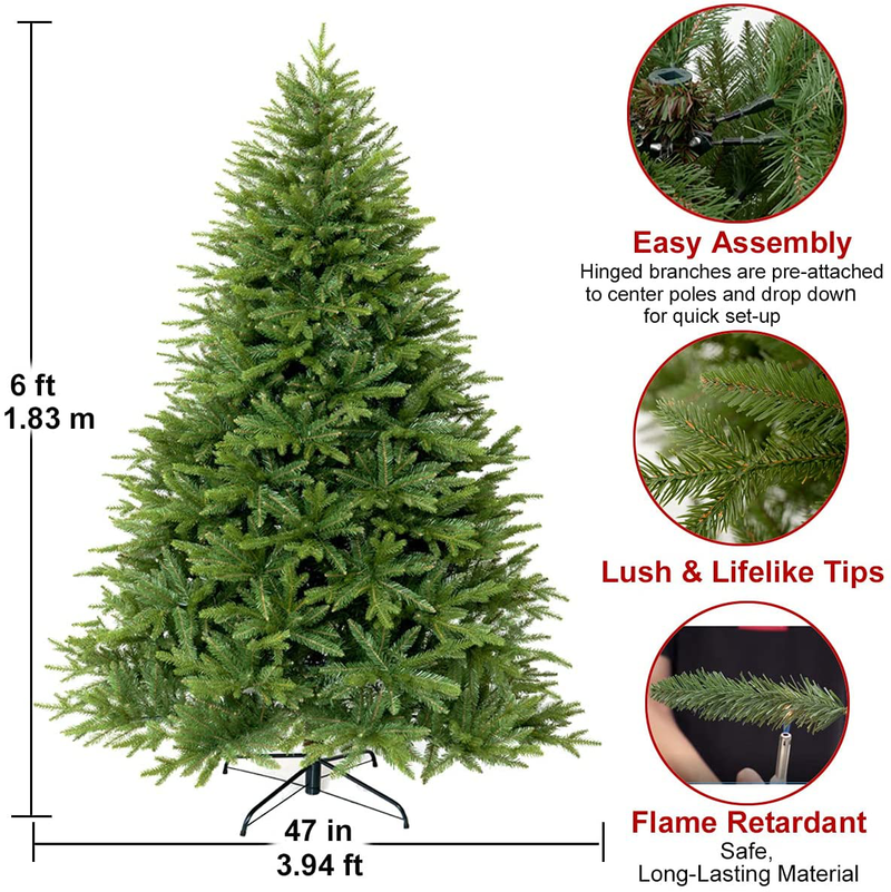Togake Artificial Christmas Tree 5ft/6ft/7ft Hinged Unlit Full PE and PVC Tree w/830/1324/1888 Branch Tips-Foldable Metal Stand-Easy Assembly-Fat Xmas Tree for Holiday Outdoor and Indoor Decor-Green