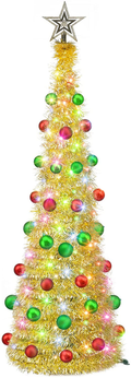 FUNPENY 5 FT Pop up Christmas Tree with 50 LED String Lights, Lighted Artificial Tinsel Xmas Tree with Timer, Battery Operated Prelit Pencil Tree for Indoor Home Party Decoration, White & Red Home & Garden > Decor > Seasonal & Holiday Decorations& Garden > Decor > Seasonal & Holiday Decorations FUNPENY Golden  