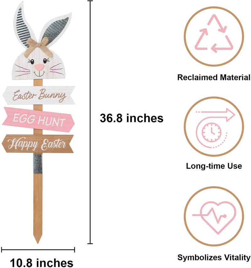 DECSPAS Easter Decorations for the Home, 37" Decorative Garden Stakes White Easter Bunny Farmhouse Easter Outdoor Garden Decor, Easter Bunny Egg Hunt Happy Easter Sign for Outside, Yard
