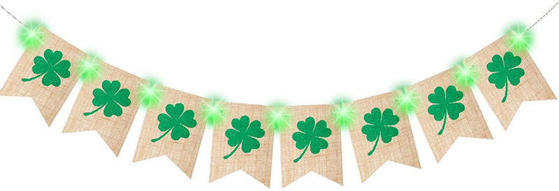 St. Patrick'S Day Banner Decorations Shamrock Burlap Banner with Green String Lights Clover Irish Garland Flags for St. Patrick'S Day Party Decor Arts & Entertainment > Party & Celebration > Party Supplies Hiboom   