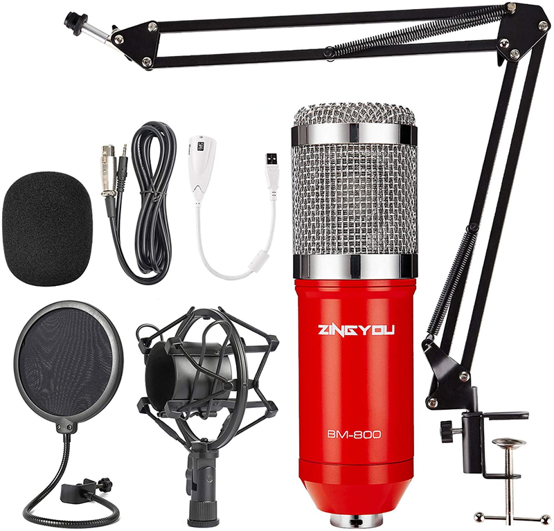 ZINGYOU Condenser Microphone Bundle, BM-800 Mic Kit with Adjustable Mic Suspension Scissor Arm, Shock Mount and Double-Layer Pop Filter for Studio Recording & Brocasting (BM-800 Microphone Bundle) Electronics > Audio > Audio Components > Microphones ZINGYOU Silver Red  
