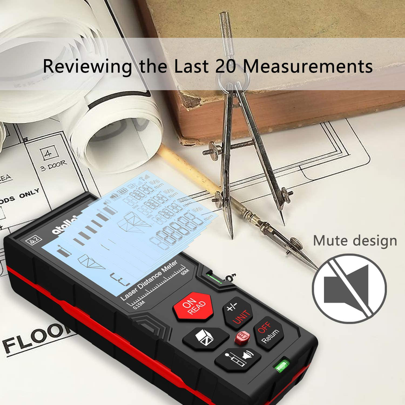 Laser Measure, atolla Laser Distance Meter (196Ft M/In/Ft) up to 60m/±2mm Accuracy with Mute Function, Waterproof IP54, Bubble Level, LCD Backlit for Pythagorean Mode, Measuring Distance, Area, Volume Hardware > Tools > Measuring Tools & Sensors atolla   