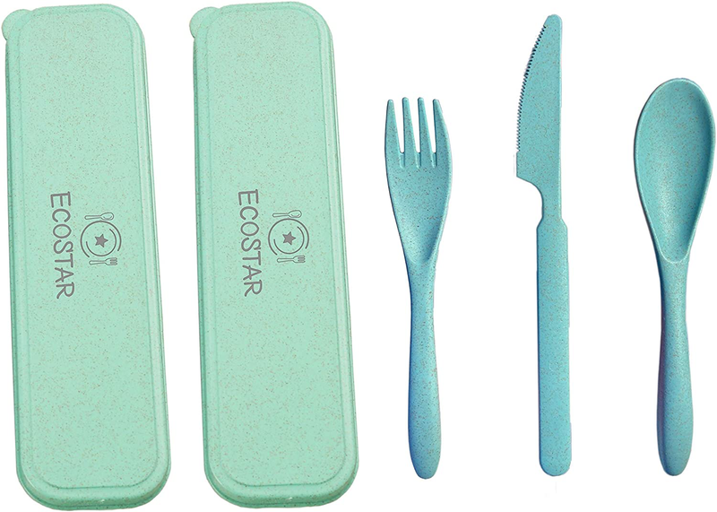 ECOSTAR Portable Wheat Straw Cutlery Set, 3-Piece Reusable Eco-Friendly BPA Free Utensils including Biodegradable Knife Spoon Fork and Travel Case - Great for Kids and Adults (Blue, 1) Home & Garden > Kitchen & Dining > Tableware > Flatware > Flatware Sets ECOSTAR Green-Turquoise 2 