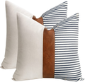 cygnus 20x20 Pillow Covers Set of 2 Farmhouse Decor Stripe Patchwork Linen Throw Pillow Covers Modern Faux Leather Cushion Covers for Couch Sofa,Black Home & Garden > Decor > Chair & Sofa Cushions cygnus Navy Blue 18x18 inch 