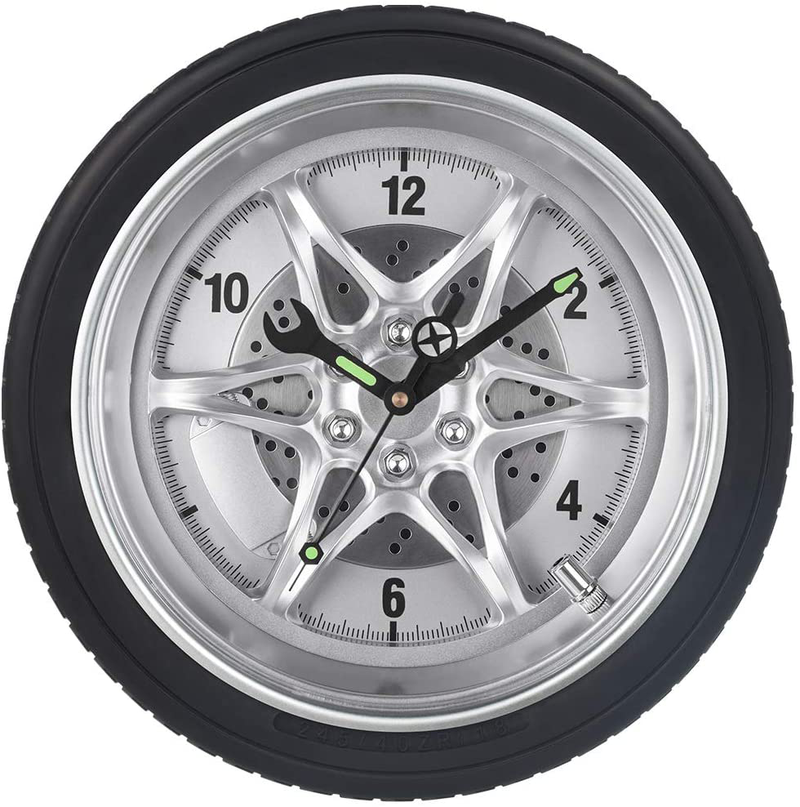 Garage Wall Clocks, Tire Rim Clock with Luminous Wrench, Silent Battery Operated Rubber Gear Decorative Clock for Automotive Mechanic Shop, Man Cave, Car Enthusiasts & Boys Bedroom- 14 Inch, Wheel Home & Garden > Decor > Clocks > Wall Clocks SkyNature Black 14 in 