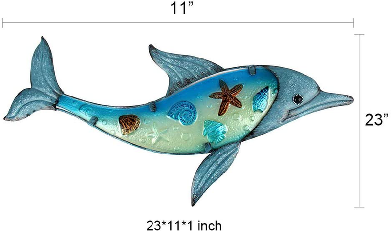 Liffy Metal Dolphin Wall Decor Outdoor Glass Art Hanging Sea Sculpture Blue Fish Decorations for Pool, Patio or Bathroom Home & Garden > Decor > Artwork > Sculptures & Statues LIFFY   