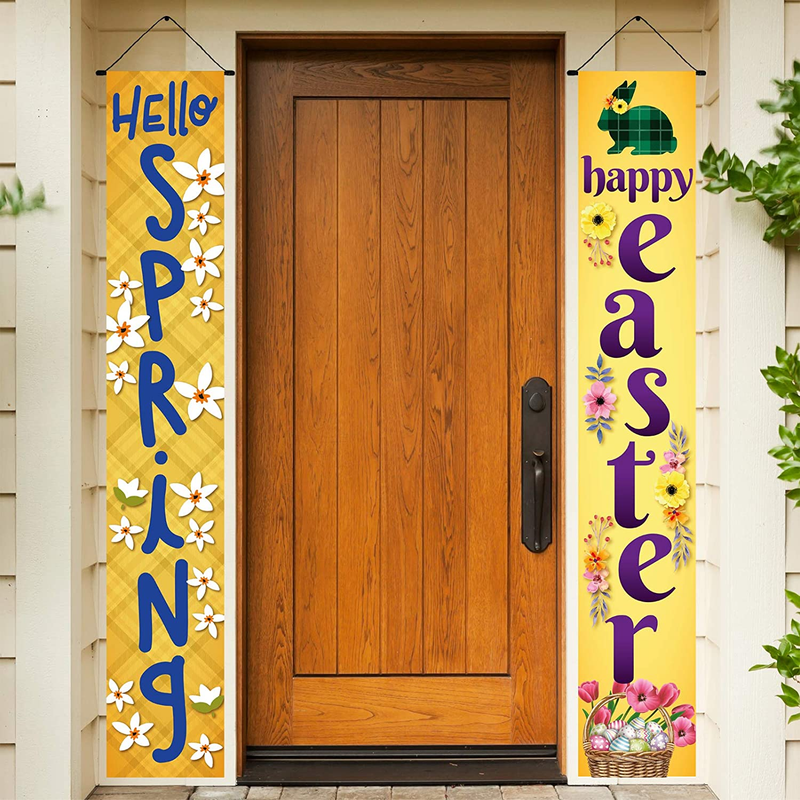 Happy Easter Day Porch Sign, Hello Spring Decoration Hanging Banner for Front Porch Door Home Indoor Outdoor, Decorated with Easter Eggs Easter Basket Easter Bunny Easter Lily Tulip Home & Garden > Decor > Seasonal & Holiday Decorations BBGM5 Color A  
