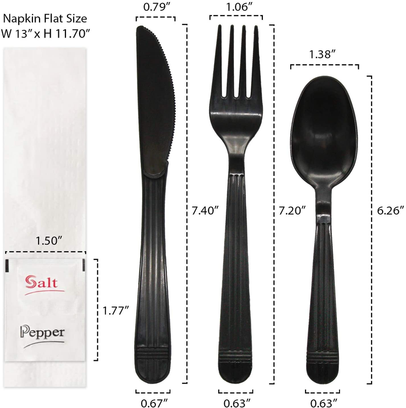 Party Essentials Individually Wrapped Black Plastic Cutlery Packets/ Heavy Duty Silverware Kits, Fork/ Spoon/ Knife/ Napkin/ Salt/ Pepper, 50 Sets Home & Garden > Kitchen & Dining > Tableware > Flatware > Flatware Sets Party Essentials   