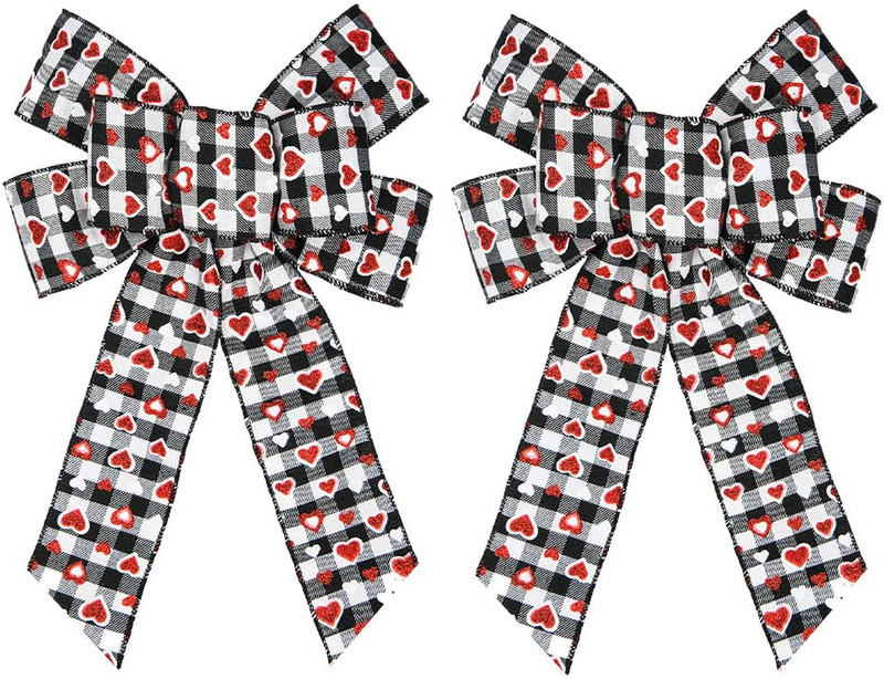 Threetols 2 Pack Valentine'S Day Wreath Bows, Black and White Buffalo Plaid Bows for Wreath Valentine Red Glitter Heart Decoration Bows for Indoor Outdoor Holiday Wedding Party Decoration