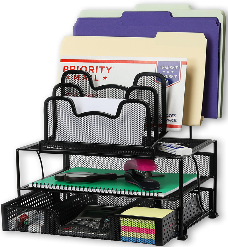 SimpleHouseware Mesh Desk Organizer with Sliding Drawer, Double Tray and 5 Stacking Sorter Sections, Black Office Supplies > General Office Supplies Simple Houseware Black  