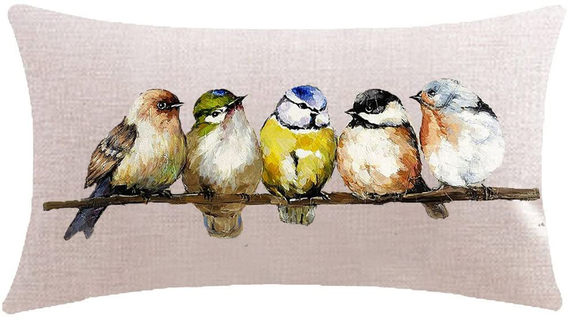ITFRO Hand-Painted Oil Painting Rustic Forest Wildlife Birds Tree Branches Waist Lumbar Cotton Linen Throw Pillow Case Cushion Cover Rectangular 12X20 Inches Home & Garden > Decor > Chair & Sofa Cushions ITFRO Light Yellow  