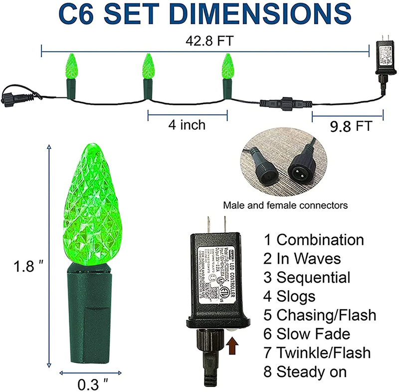 FUNPENY C6 Christmas Lights, 100 LED 33 FT St. Patricks Day Lights with 8 Modes Lights Outdoor Waterproof String Lights for Indoor Xmas Tree Wedding Patio Party Holiday Decorations (Green) Home & Garden > Lighting > Light Ropes & Strings FUNPENY   