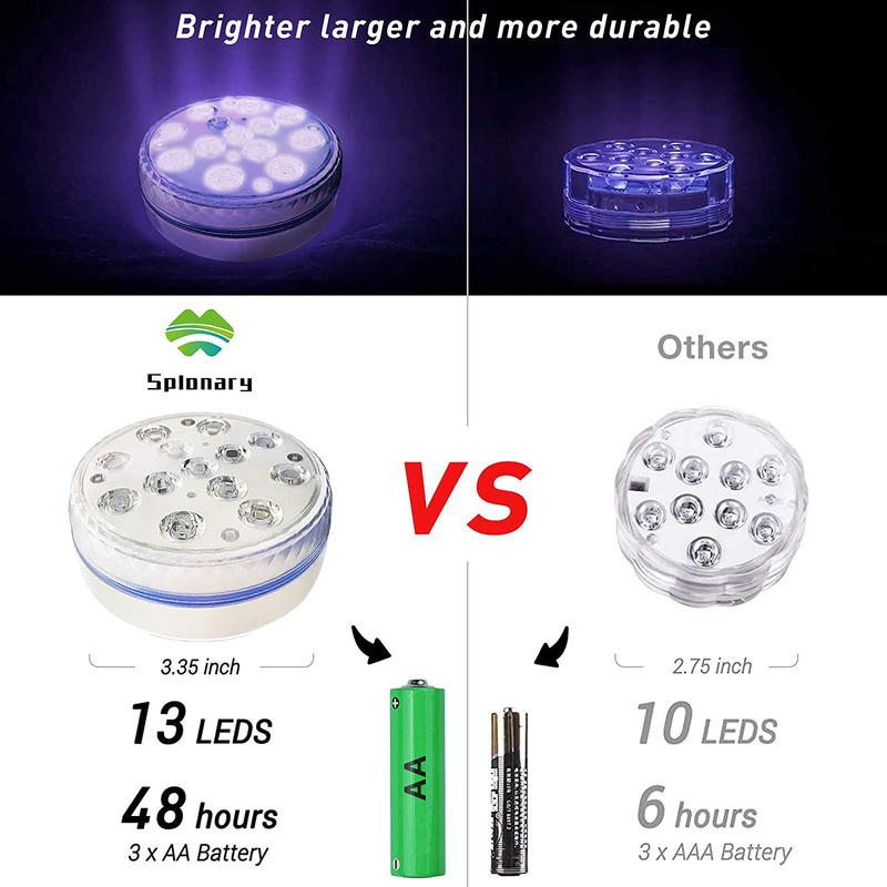 Splonary Submersible LED Lights with Magnet, IP68 Waterproof Underwater Pool Led Lights with 13 LEDs, 4 Suction Cups and 164FT/50M RF Remote, Battery Operated with 16 Color Changing Shower Lights Home & Garden > Pool & Spa > Pool & Spa Accessories Splonary   