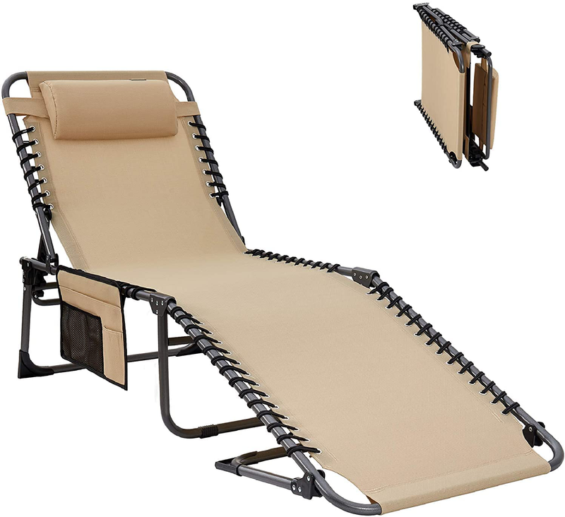 Kingcamp Adjustable 4-Position Heavy Duty Folding Chaise Lounge Chair with Pillow Pocket, Portable Great for Outdoor Patio Lawn Beach Pool Sunbathing, Supports 264Lbs Sporting Goods > Outdoor Recreation > Camping & Hiking > Camp Furniture KingCamp Heavy-beige  