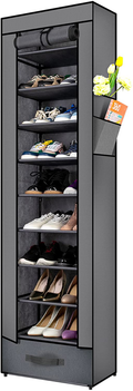 Shoes Rack,10 Tier Tall Shoe Rack - Narrow Shoe Rack with Storage Box,Fabric Covered Shoe Rack,Metal Shoe Rack Organizer,Shoe Racks for Closets,Stackable Shoe Rack,Shoe Stand,Shoe Shelf Storage(Black) Furniture > Cabinets & Storage > Armoires & Wardrobes OYREL Grey  