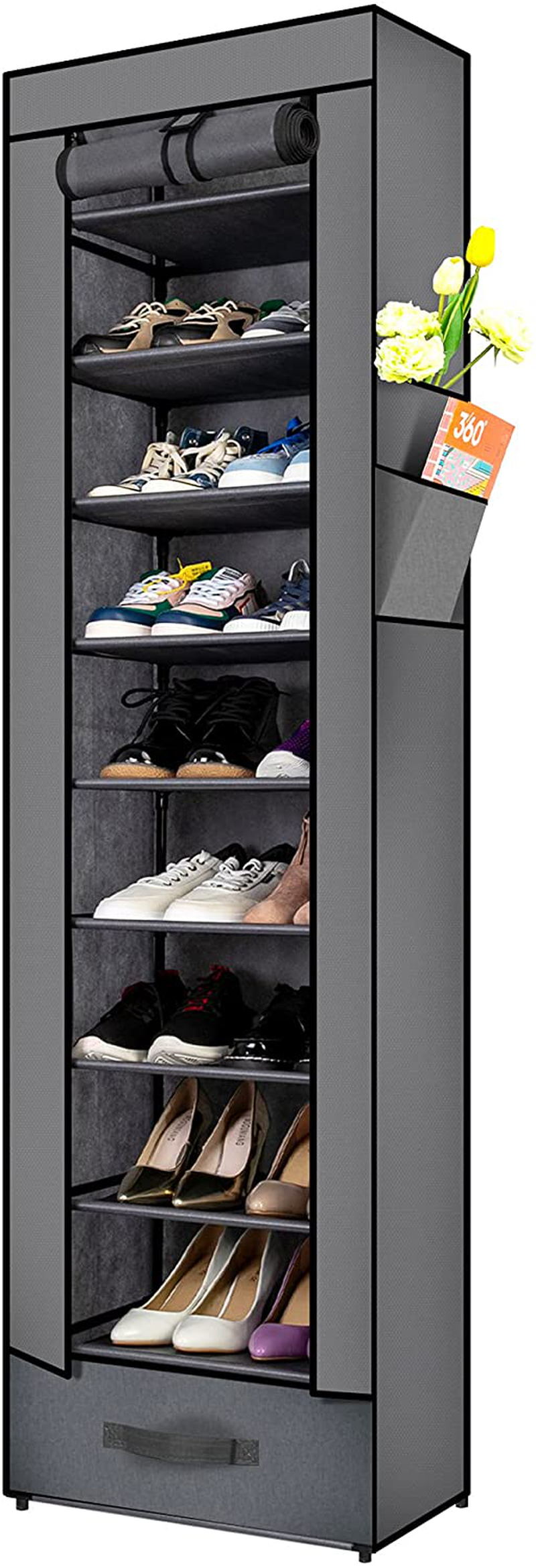 Shoes Rack,10 Tier Tall Shoe Rack - Narrow Shoe Rack with Storage Box,Fabric Covered Shoe Rack,Metal Shoe Rack Organizer,Shoe Racks for Closets,Stackable Shoe Rack,Shoe Stand,Shoe Shelf Storage(Black) Furniture > Cabinets & Storage > Armoires & Wardrobes OYREL Grey  