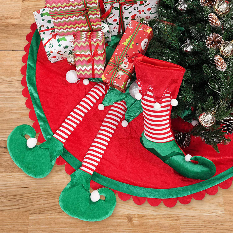 TangJing 48" Big Elf Christmas Tree Skirt with Candy Striped Legs and Ripple Trim Border, Xmas Elf Themed Decoration,Tree Ornaments, Santa Helper Under Tree Ideas and Accessories Tree Mat for Party Home & Garden > Decor > Seasonal & Holiday Decorations& Garden > Decor > Seasonal & Holiday Decorations TangJing   