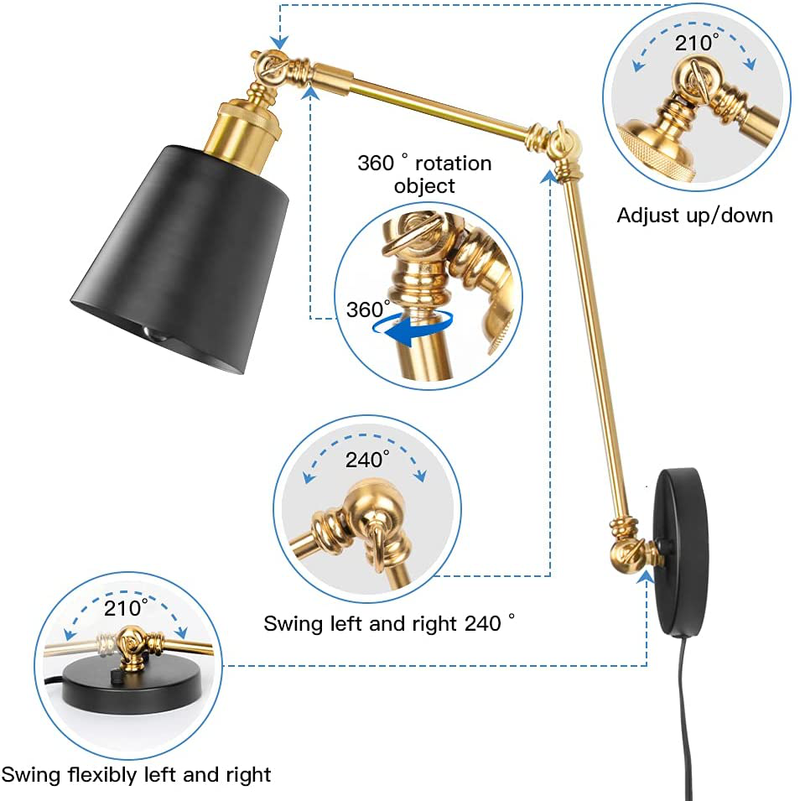 Plug in Wall Sconces Set of 2, Yiamia Swing Arm Wall Lamps Black and Brass, Vintage Industrial Wall Mounted Light Fixtures with Dimmable Switch for Bedroom Living Room Vanity Study Desk Office Hallway Home & Garden > Lighting > Lighting Fixtures > Wall Light Fixtures KOL DEALS   