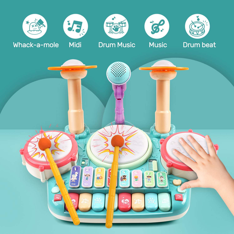 CUTE STONE 5 in 1 Musical Instruments Toys,Kids Electronic Piano Keyboard Xylophone Drum Toys Set with Light, 2 Microphone, Learning Toys Eduactional Gift for Baby Infant Toddler Girls Boys  CUTE STONE   