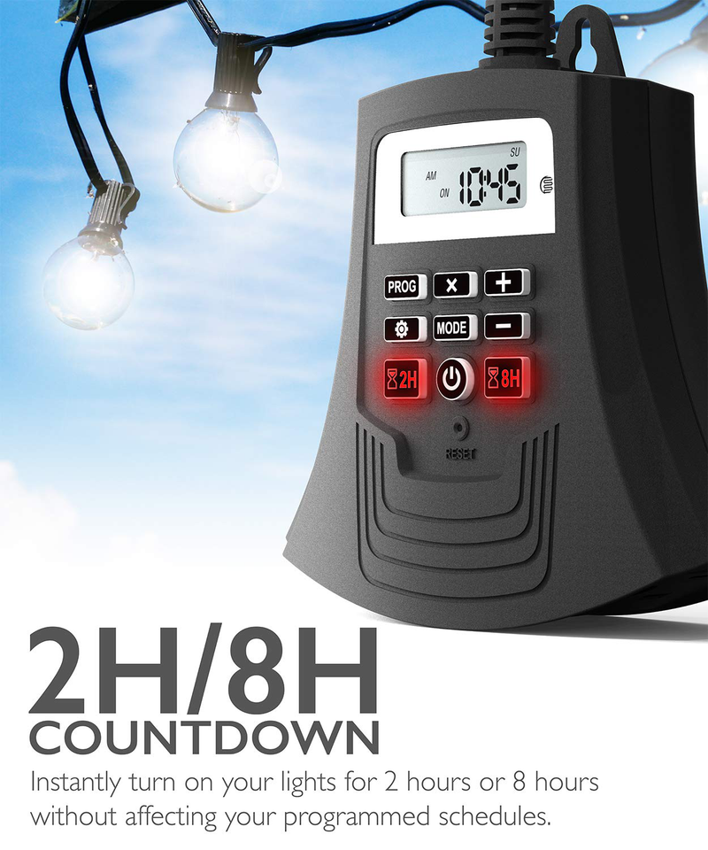 Fosmon 7 Day Outdoor Heavy Duty Digital Programmable Timer with 3 Grounded Outlets, (15A, 1/2 HP, 1875W), Weatherproof, 8 Programmable Setting with Photocell, 2hr/8hr Countdown Functions, UL Listed
