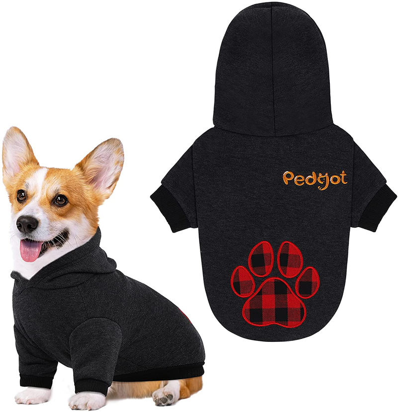 Pedgot Pet Dog Hoodie Clothes with Dog Paw Shaped Buffalo Plaid Print Warm Puppy Clothes with Hat Pet Apparel Dog Hooded Outfits Pullover Sweatshirts Dog Coats for Medium Dogs Winter Wearing