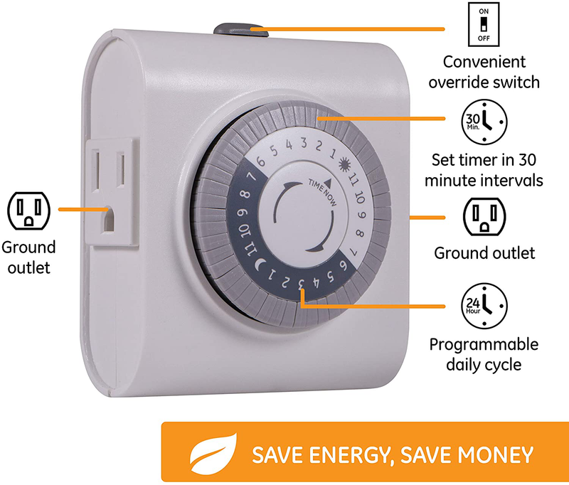GE 24-Hour Heavy Duty Indoor Plug-in Mechanical Timer, 2 Grounded Outlets, 30 Minute Intervals, Daily On/Off Cycle, for Lamps, Seasonal, Christmas Tree Lights and Holiday Decorations, 15075 Home & Garden > Lighting Accessories > Lighting Timers GE   
